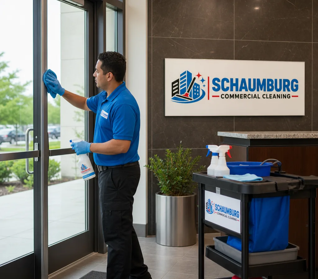 Cleaning technician disinfecting lobby surfaces and glass entry doors in a Schaumburg office building