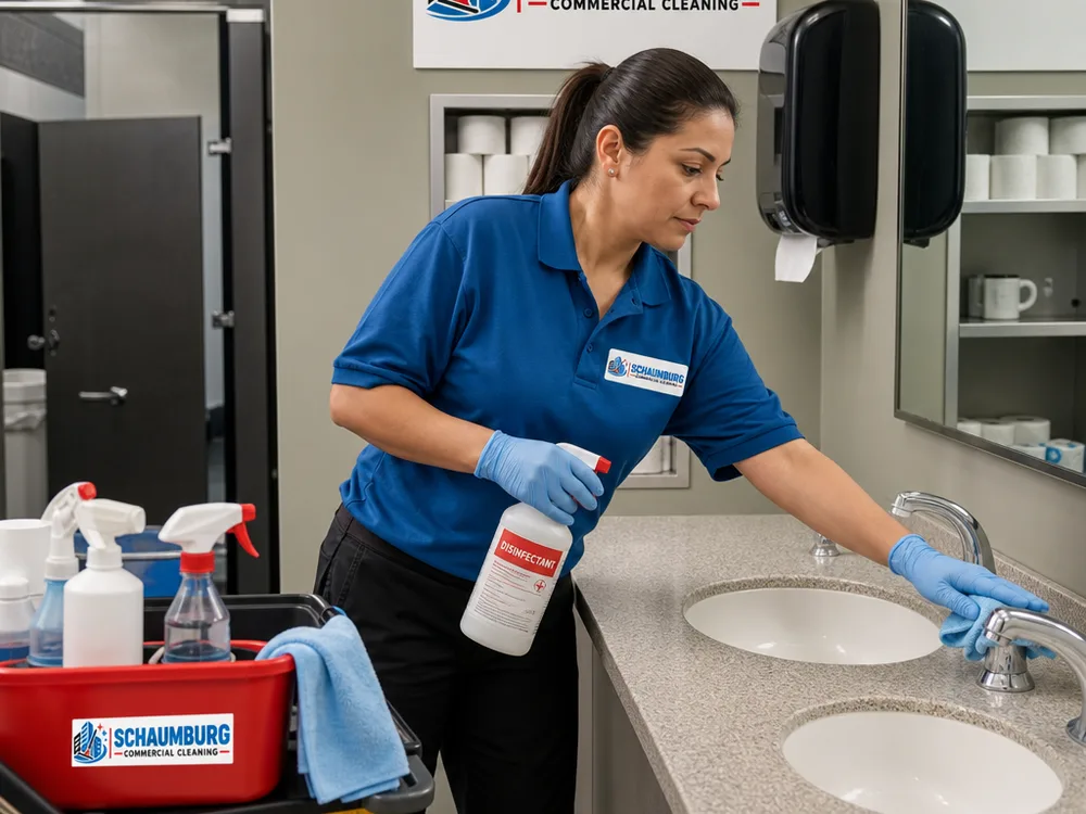 Cleaner restocking supplies and disinfecting fixtures in a commercial restroom