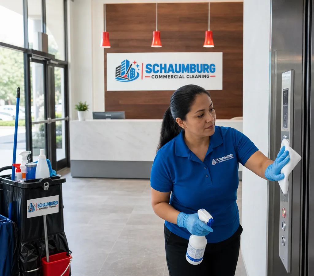 Cleaning technician disinfecting high-touch surfaces in a modern Schaumburg office lobby