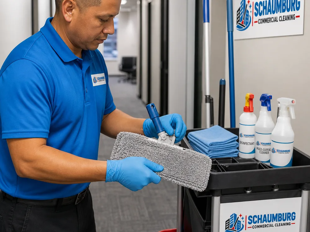 Janitor preparing fresh microfiber supplies and labeled disinfectant bottles on an office cleaning cart