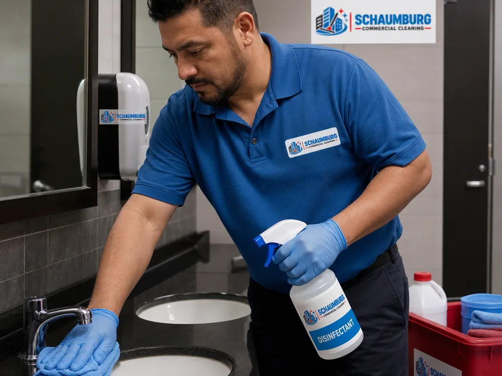 Cleaner disinfecting commercial restroom and breakroom touchpoints with labeled bottles and microfiber cloths